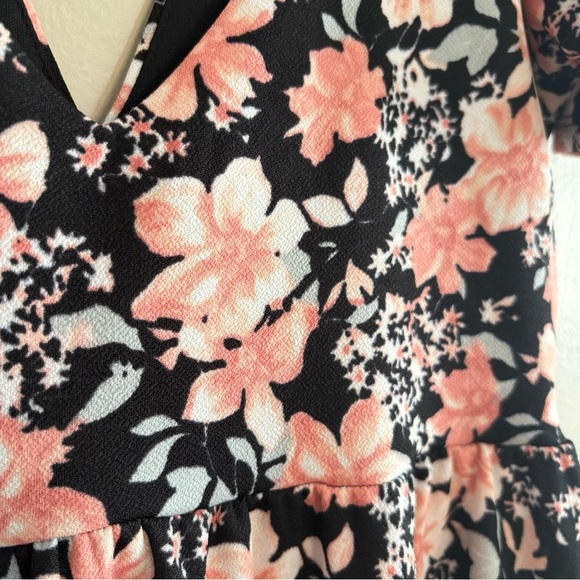 Black Flutter Sleeve A-Line Dress Pink Grey Floral & Deep V-Neck - Picture 13 of 16